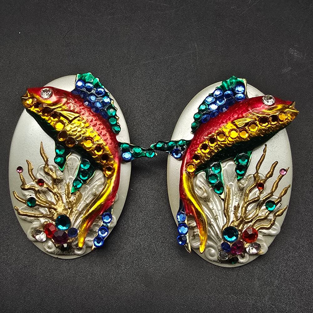 Colorful Rhinestone Fish Earrings on White Enamel Oval Vintage Jewelry